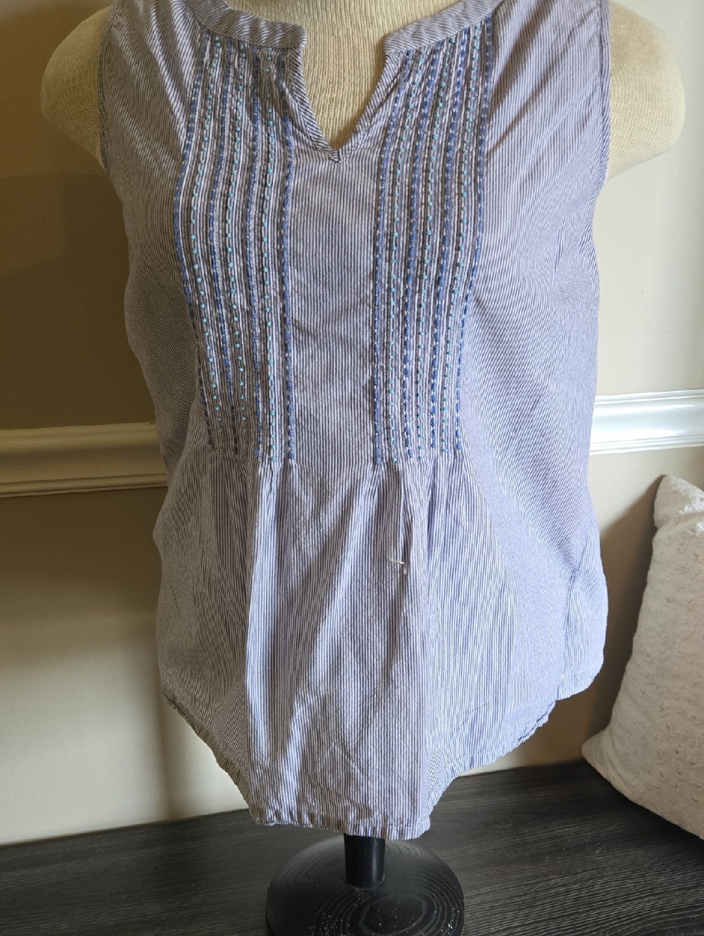 Talbots Light Blue Striped Sleeveless Embroidered Top